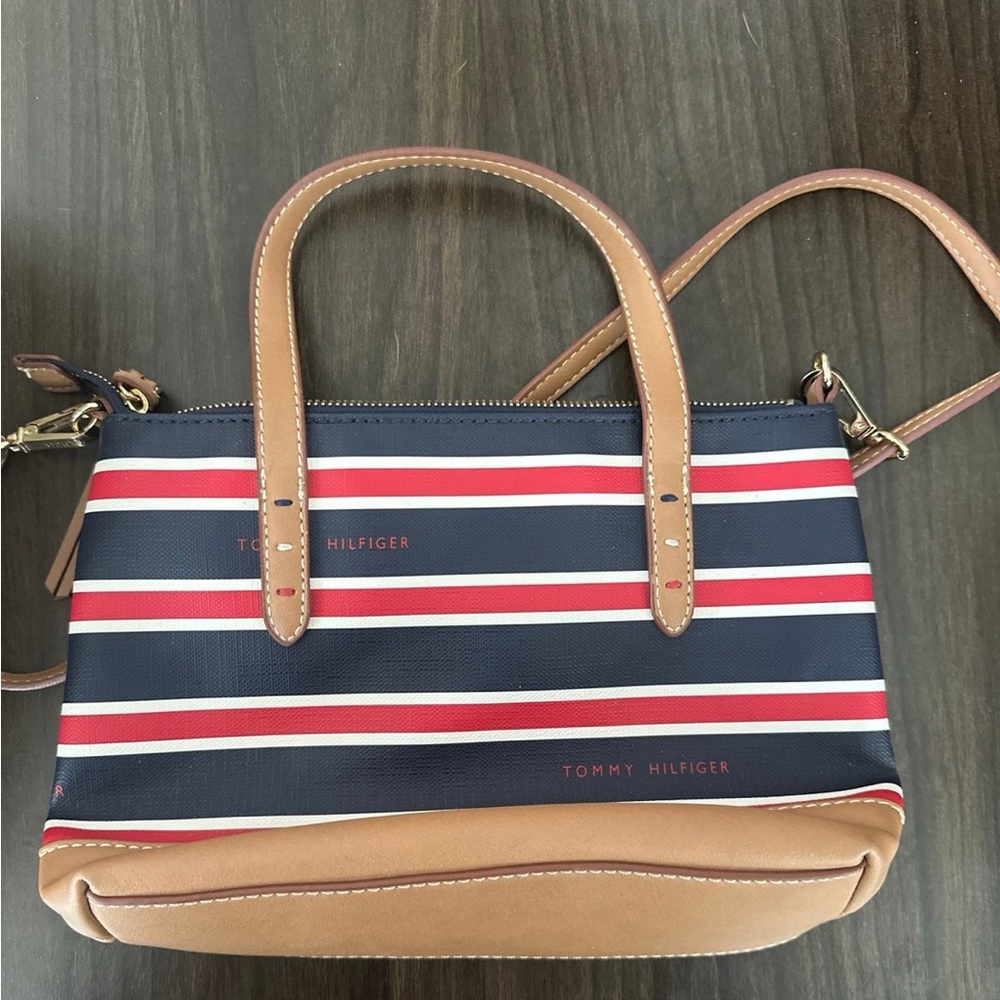 Tommy Hilfiger Red, White, and Navy Striped Satchel
